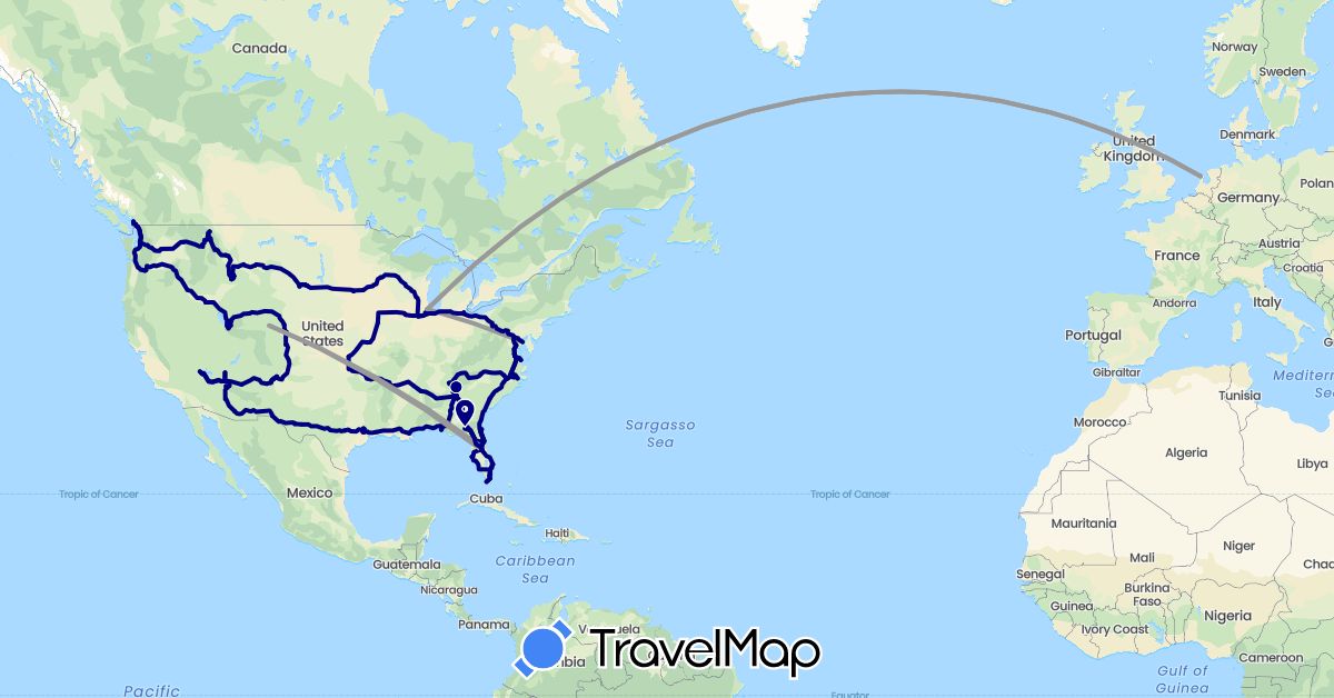 TravelMap itinerary: driving, plane in Canada, Netherlands, United States (Europe, North America)